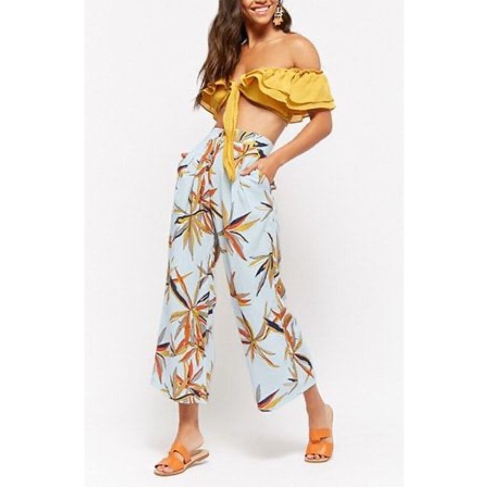 Love + Harmony Pants Floral Print Wide Leg Crop Button High Rise